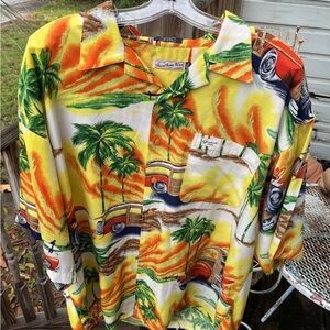 Guess Jeans USA Floral Hawaiian Shirt XXL Polyester Surf Woody Red Green Vintage